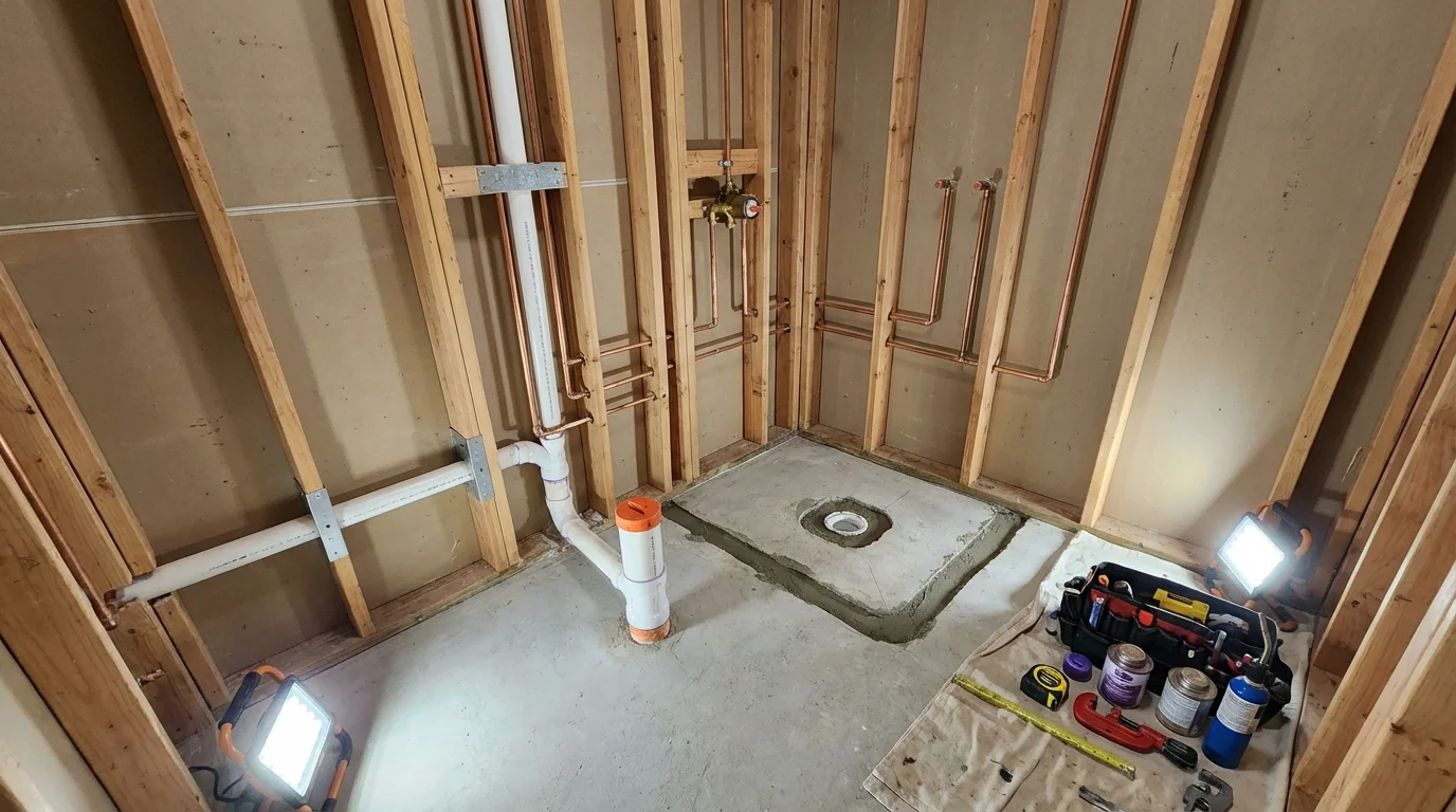 Bathroom rough-in plumbing during remodel by Johns Plumbing LLC in Lynbrook