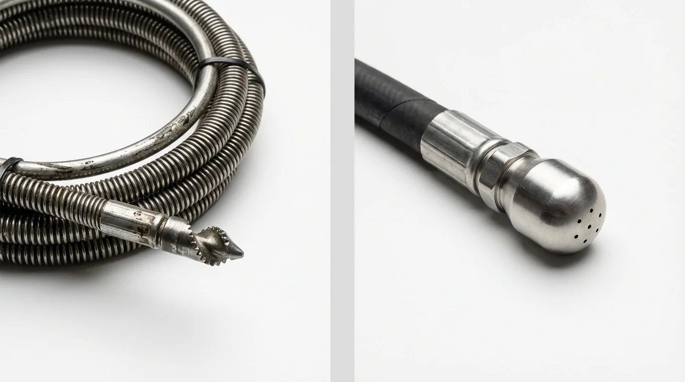 Drain snake cable and hydro jetting nozzle used for drain cleaning in Lynbrook, NY