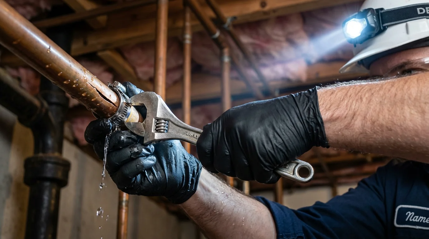 Emergency pipe clamp repair being performed by a Johns Plumbing LLC plumber in Lynbrook