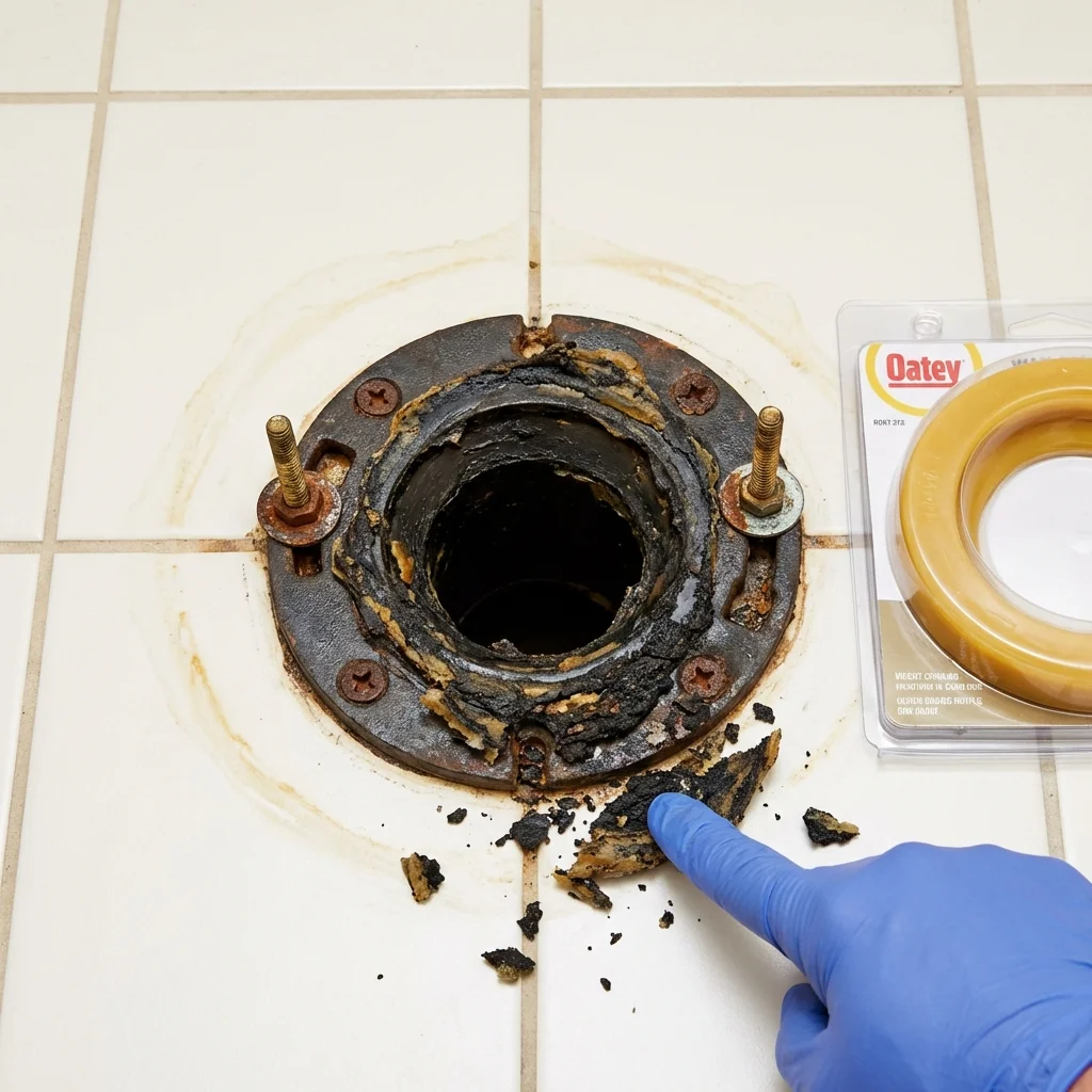 Failed wax ring showing water seepage at the base of a toilet in a Lynbrook, NY home