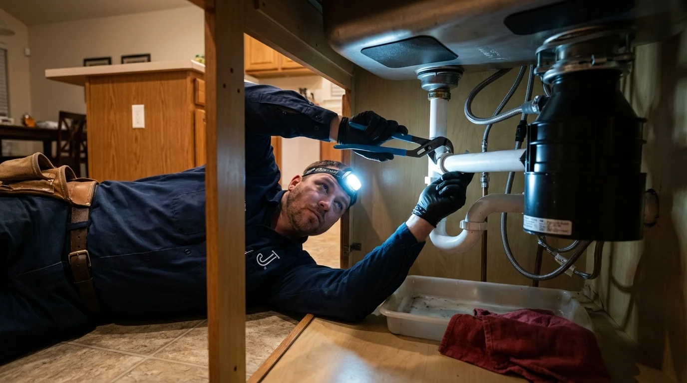 P-trap and supply line connections under a kitchen sink showing a common leak point in Lynbrook, NY
